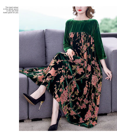Casual Mom's Loose Maxi Robe  Long Sleeves Printing Winter Party Vestidos