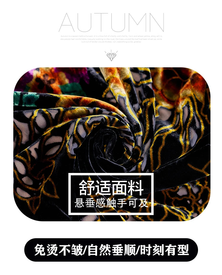 Floral Velvet Elegant Midi Dress Autumn Winter Korean Vintage