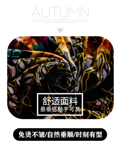 Floral Velvet Elegant Midi Dress Autumn Winter Korean Vintage