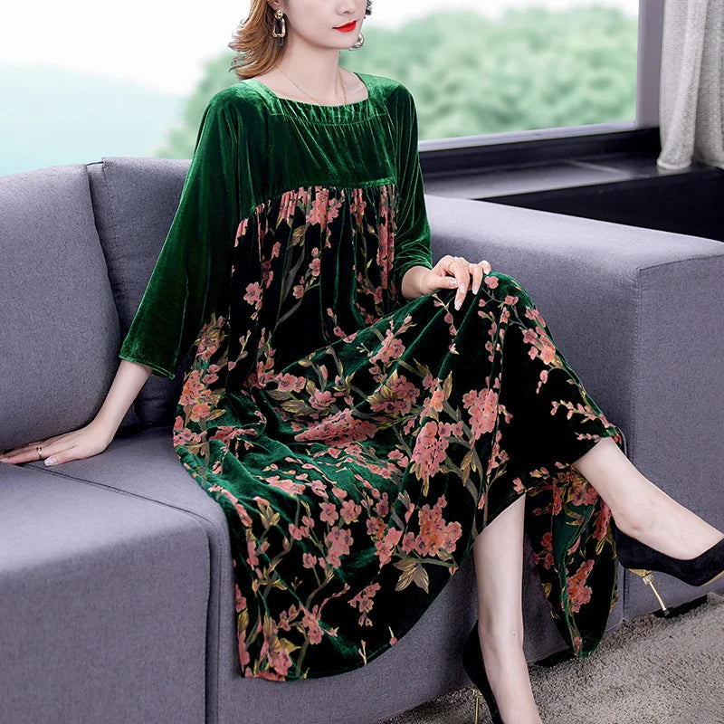 Casual Mom's Loose Maxi Robe  Long Sleeves Printing Winter Party Vestidos