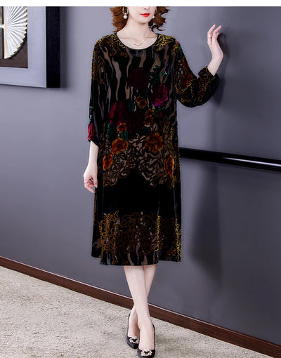 Floral Velvet Elegant Midi Dress Autumn Winter Korean Vintage