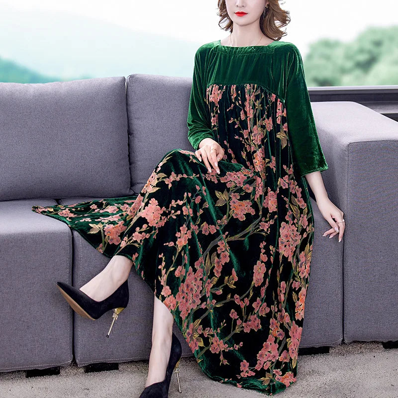 Casual Mom's Loose Maxi Robe  Long Sleeves Printing Winter Party Vestidos