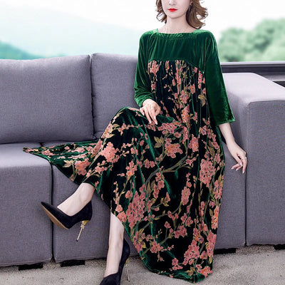 Casual Mom's Loose Maxi Robe  Long Sleeves Printing Winter Party Vestidos