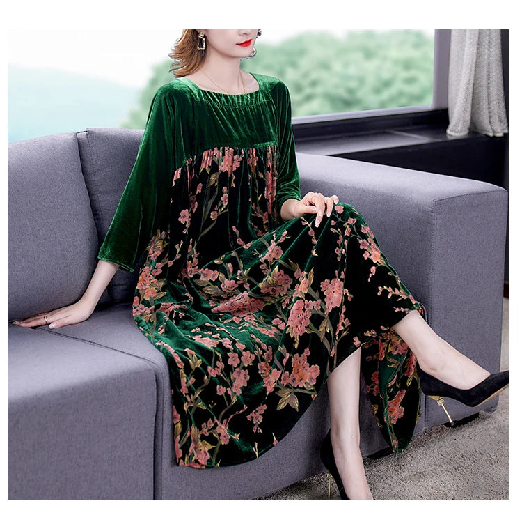 Casual Mom's Loose Maxi Robe  Long Sleeves Printing Winter Party Vestidos