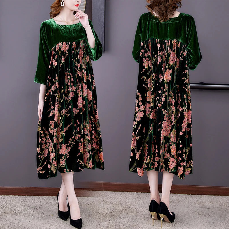 Casual Mom's Loose Maxi Robe  Long Sleeves Printing Winter Party Vestidos