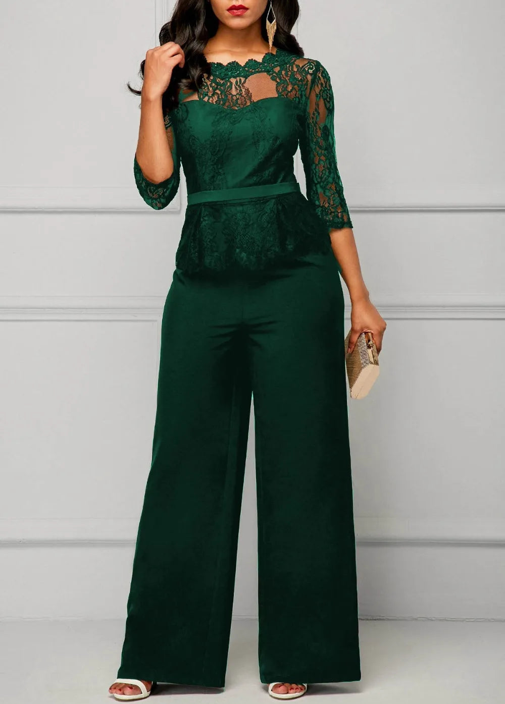 Sexy Jumpsuits Women Long Sleeve Lace Patchwork Jumpsuit Loose Trousers