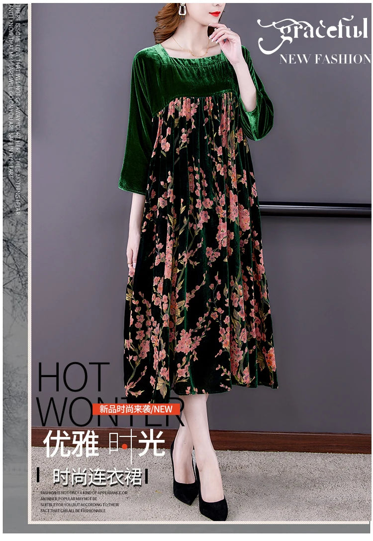 Casual Mom's Loose Maxi Robe  Long Sleeves Printing Winter Party Vestidos