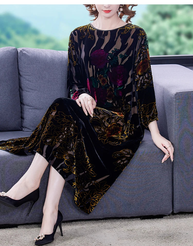Floral Velvet Elegant Midi Dress Autumn Winter Korean Vintage