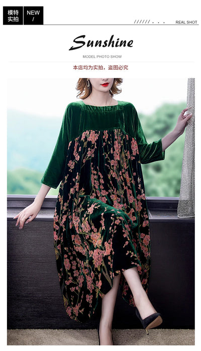 Casual Mom's Loose Maxi Robe  Long Sleeves Printing Winter Party Vestidos