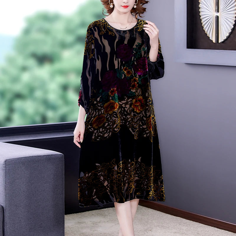 Floral Velvet Elegant Midi Dress Autumn Winter Korean Vintage