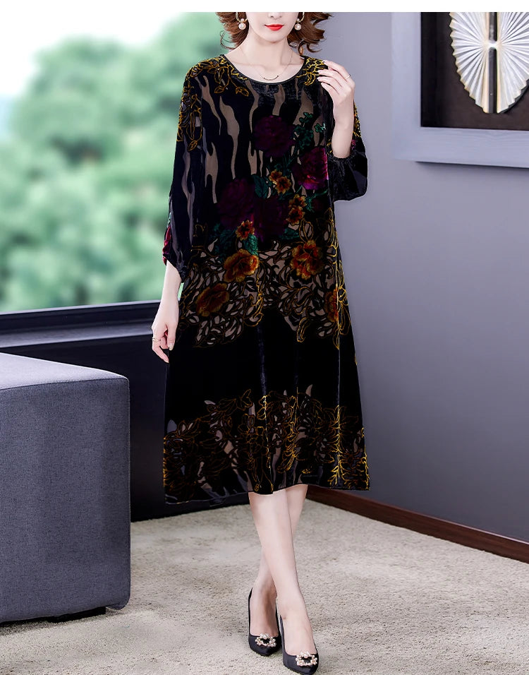 Floral Velvet Elegant Midi Dress Autumn Winter Korean Vintage