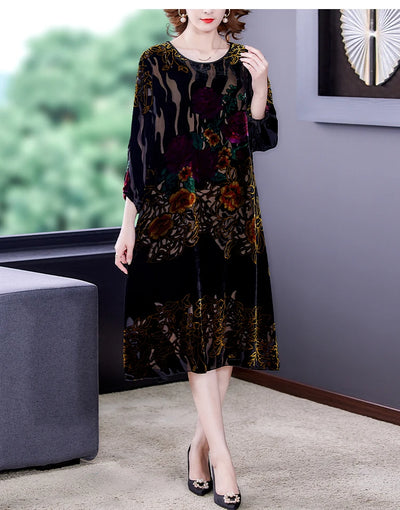 Floral Velvet Elegant Midi Dress Autumn Winter Korean Vintage
