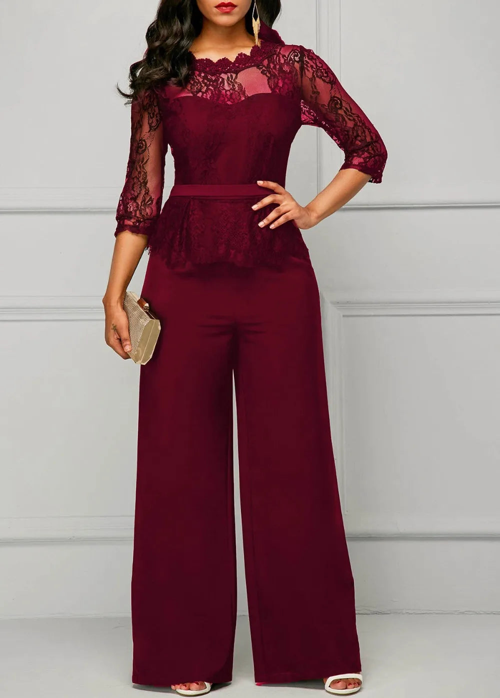 Sexy Jumpsuits Women Long Sleeve Lace Patchwork Jumpsuit Loose Trousers