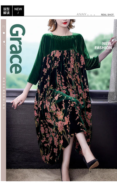 Casual Mom's Loose Maxi Robe  Long Sleeves Printing Winter Party Vestidos