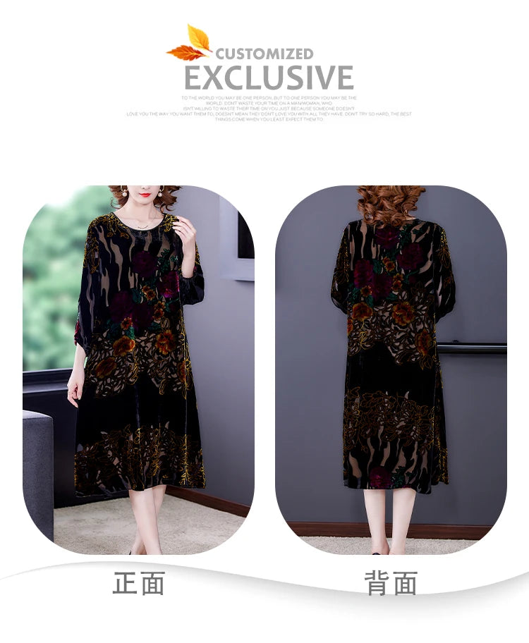 Floral Velvet Elegant Midi Dress Autumn Winter Korean Vintage