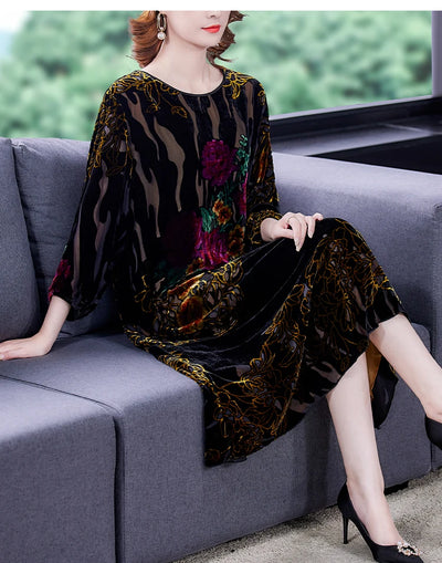 Floral Velvet Elegant Midi Dress Autumn Winter Korean Vintage