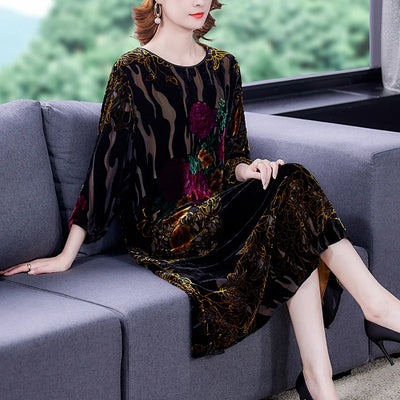 Floral Velvet Elegant Midi Dress Autumn Winter Korean Vintage