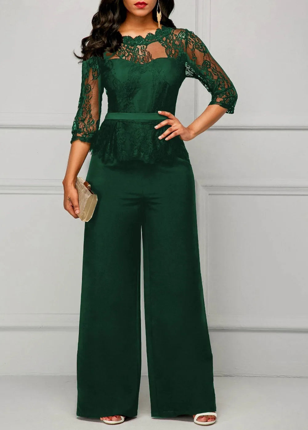 Sexy Jumpsuits Women Long Sleeve Lace Patchwork Jumpsuit Loose Trousers