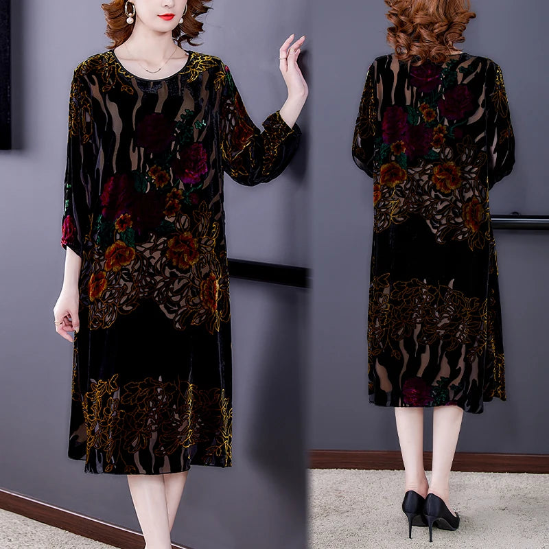 Floral Velvet Elegant Midi Dress Autumn Winter Korean Vintage