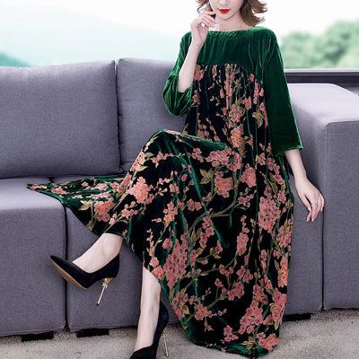 Casual Mom's Loose Maxi Robe  Long Sleeves Printing Winter Party Vestidos