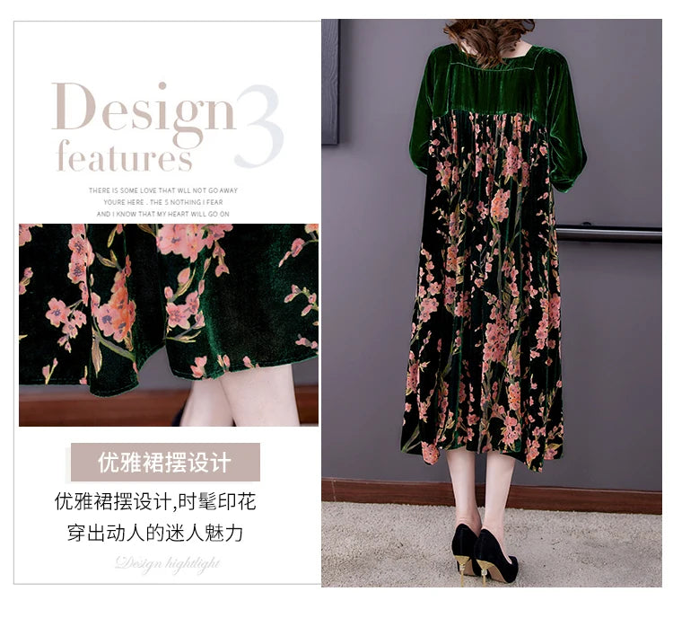 Casual Mom's Loose Maxi Robe  Long Sleeves Printing Winter Party Vestidos