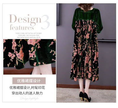 Casual Mom's Loose Maxi Robe  Long Sleeves Printing Winter Party Vestidos