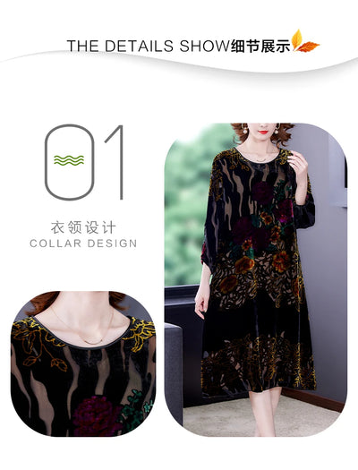 Floral Velvet Elegant Midi Dress Autumn Winter Korean Vintage