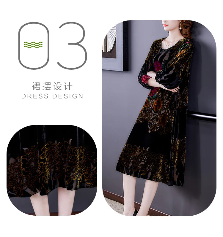 Floral Velvet Elegant Midi Dress Autumn Winter Korean Vintage