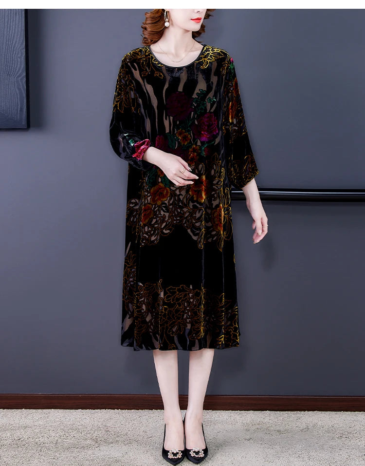 Floral Velvet Elegant Midi Dress Autumn Winter Korean Vintage