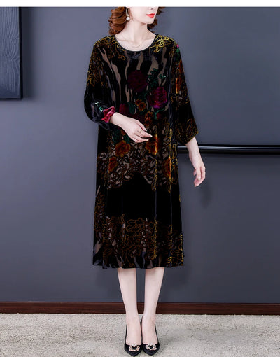 Floral Velvet Elegant Midi Dress Autumn Winter Korean Vintage
