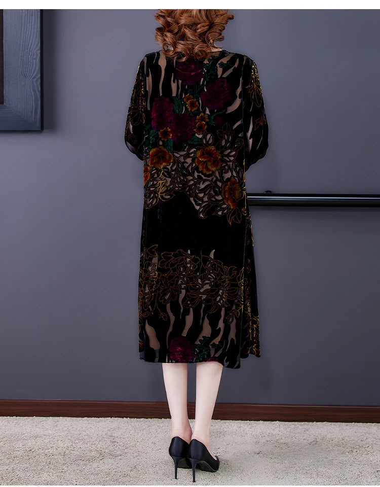Floral Velvet Elegant Midi Dress Autumn Winter Korean Vintage