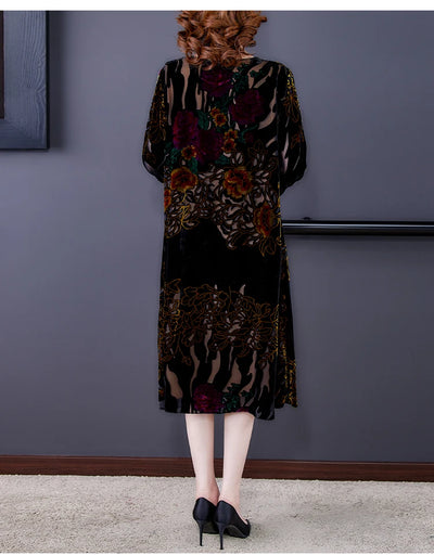 Floral Velvet Elegant Midi Dress Autumn Winter Korean Vintage