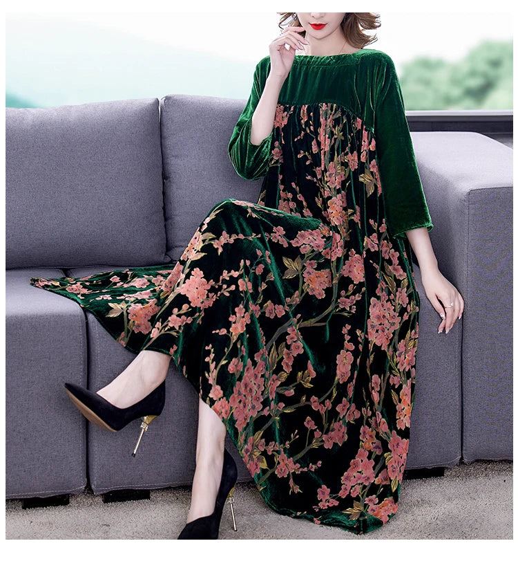 Casual Mom's Loose Maxi Robe  Long Sleeves Printing Winter Party Vestidos