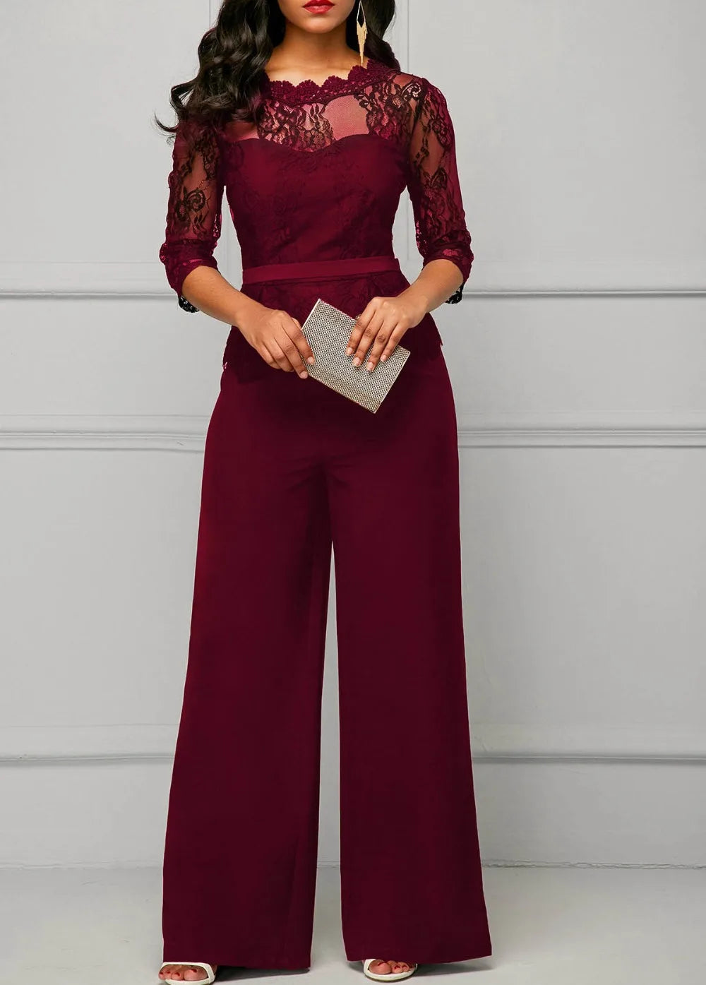 Sexy Jumpsuits Women Long Sleeve Lace Patchwork Jumpsuit Loose Trousers