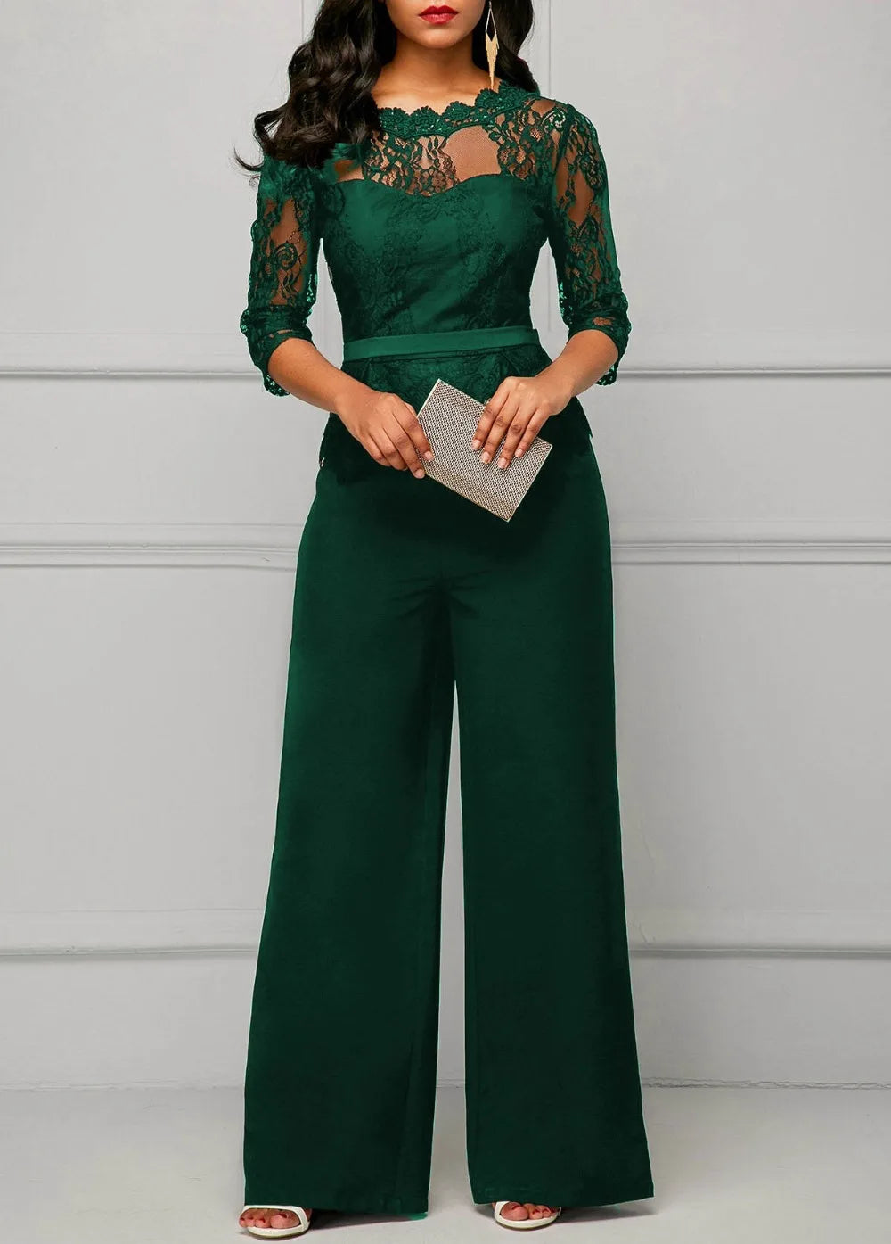Sexy Jumpsuits Women Long Sleeve Lace Patchwork Jumpsuit Loose Trousers