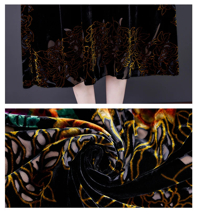 Floral Velvet Elegant Midi Dress Autumn Winter Korean Vintage