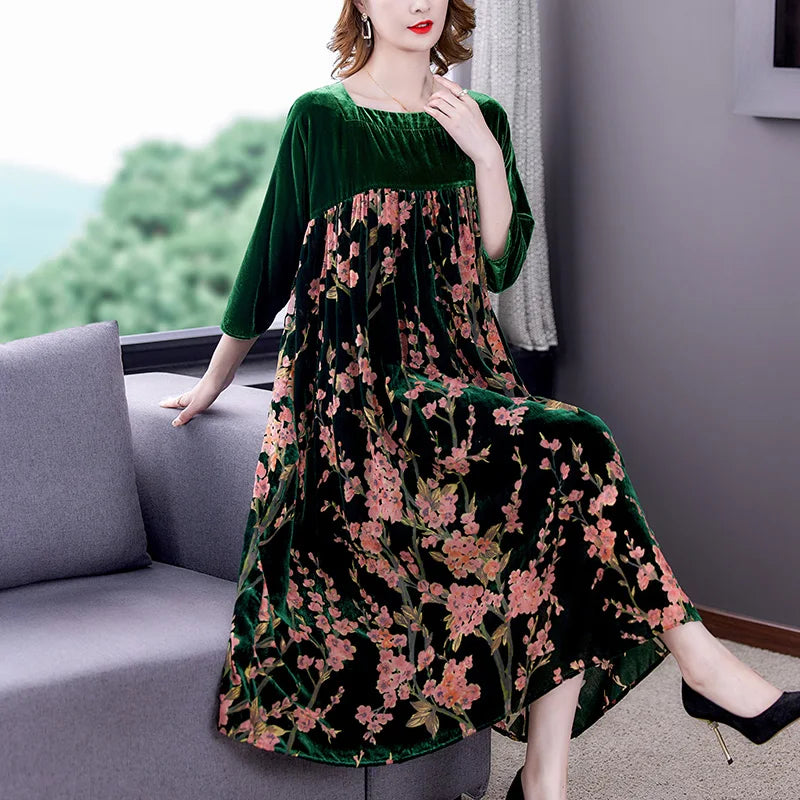 Casual Mom's Loose Maxi Robe  Long Sleeves Printing Winter Party Vestidos