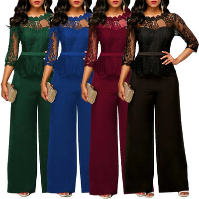 Sexy Jumpsuits Women Long Sleeve Lace Patchwork Jumpsuit Loose Trousers