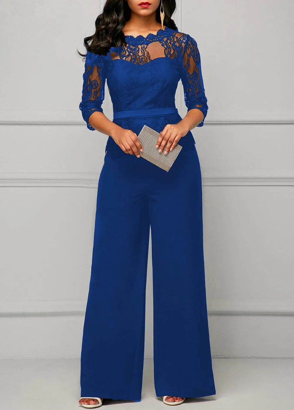 Sexy Jumpsuits Women Long Sleeve Lace Patchwork Jumpsuit Loose Trousers
