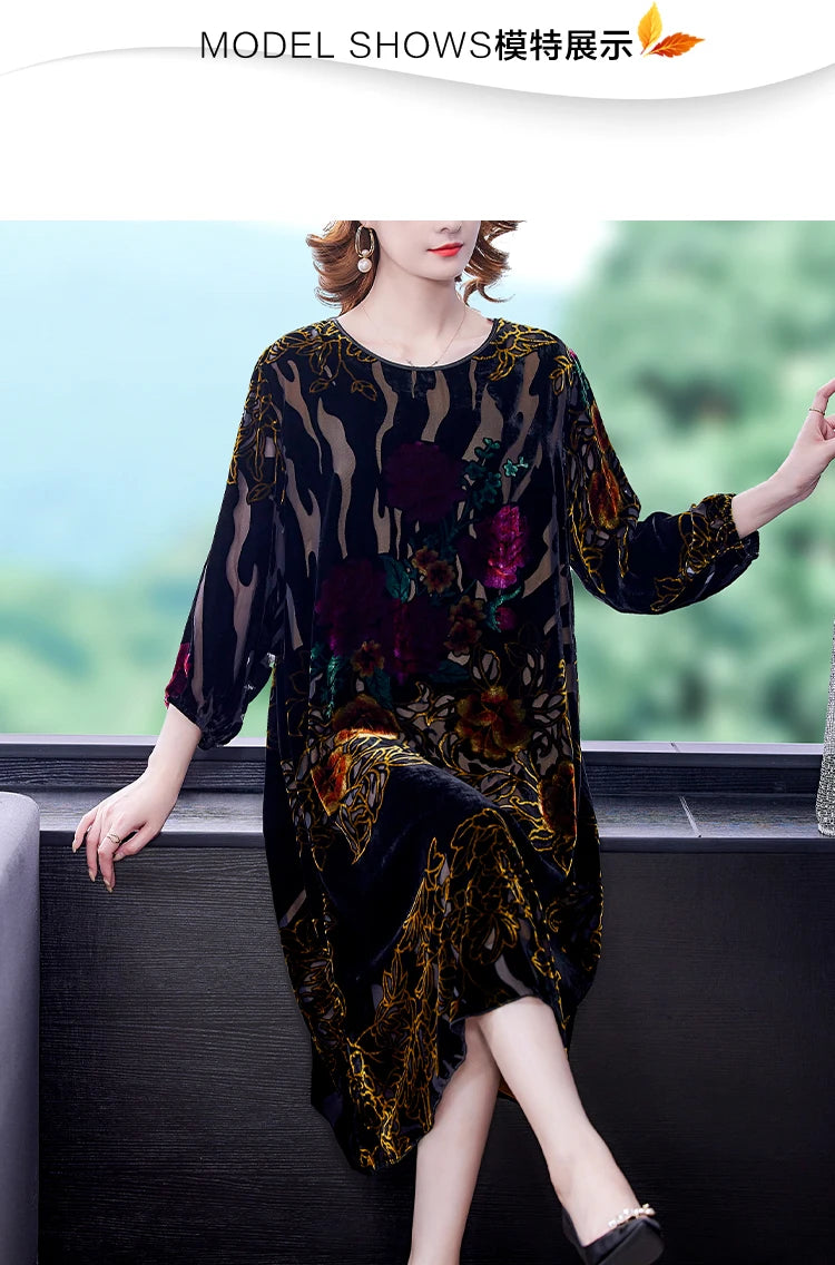 Floral Velvet Elegant Midi Dress Autumn Winter Korean Vintage