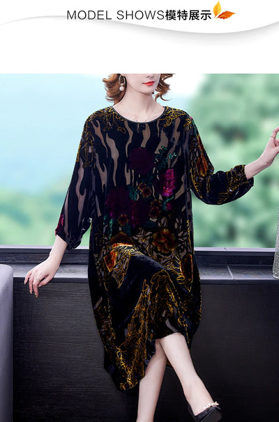 Floral Velvet Elegant Midi Dress Autumn Winter Korean Vintage