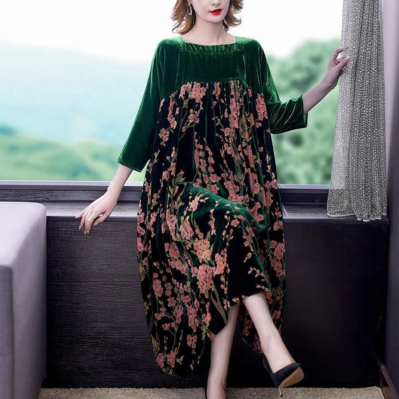 Casual Mom's Loose Maxi Robe  Long Sleeves Printing Winter Party Vestidos