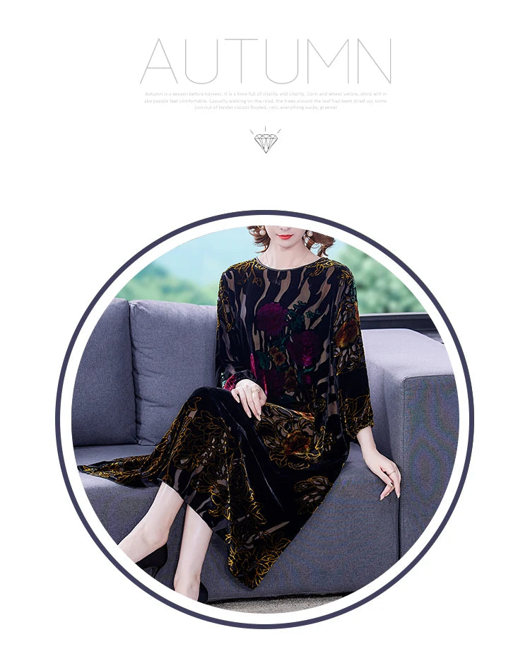 Floral Velvet Elegant Midi Dress Autumn Winter Korean Vintage