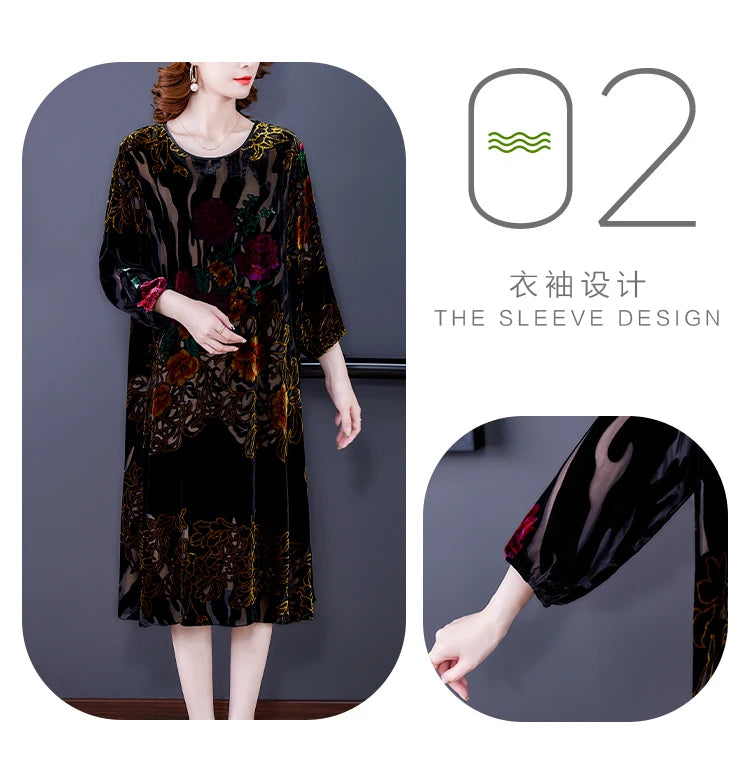 Floral Velvet Elegant Midi Dress Autumn Winter Korean Vintage