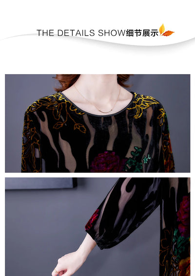 Floral Velvet Elegant Midi Dress Autumn Winter Korean Vintage