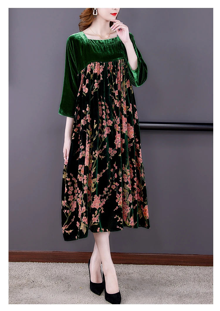 Casual Mom's Loose Maxi Robe  Long Sleeves Printing Winter Party Vestidos