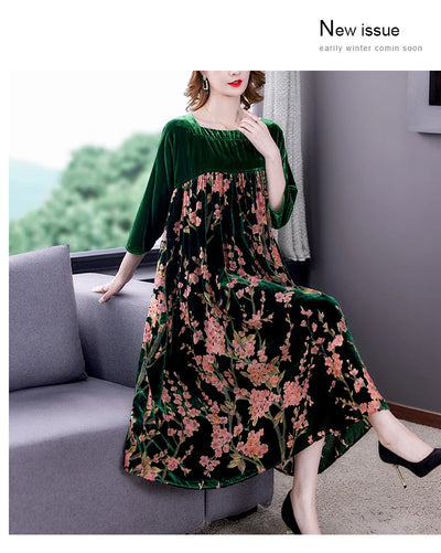 Casual Mom's Loose Maxi Robe  Long Sleeves Printing Winter Party Vestidos
