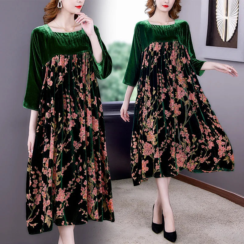 Casual Mom's Loose Maxi Robe  Long Sleeves Printing Winter Party Vestidos