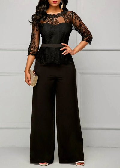 Sexy Jumpsuits Women Long Sleeve Lace Patchwork Jumpsuit Loose Trousers
