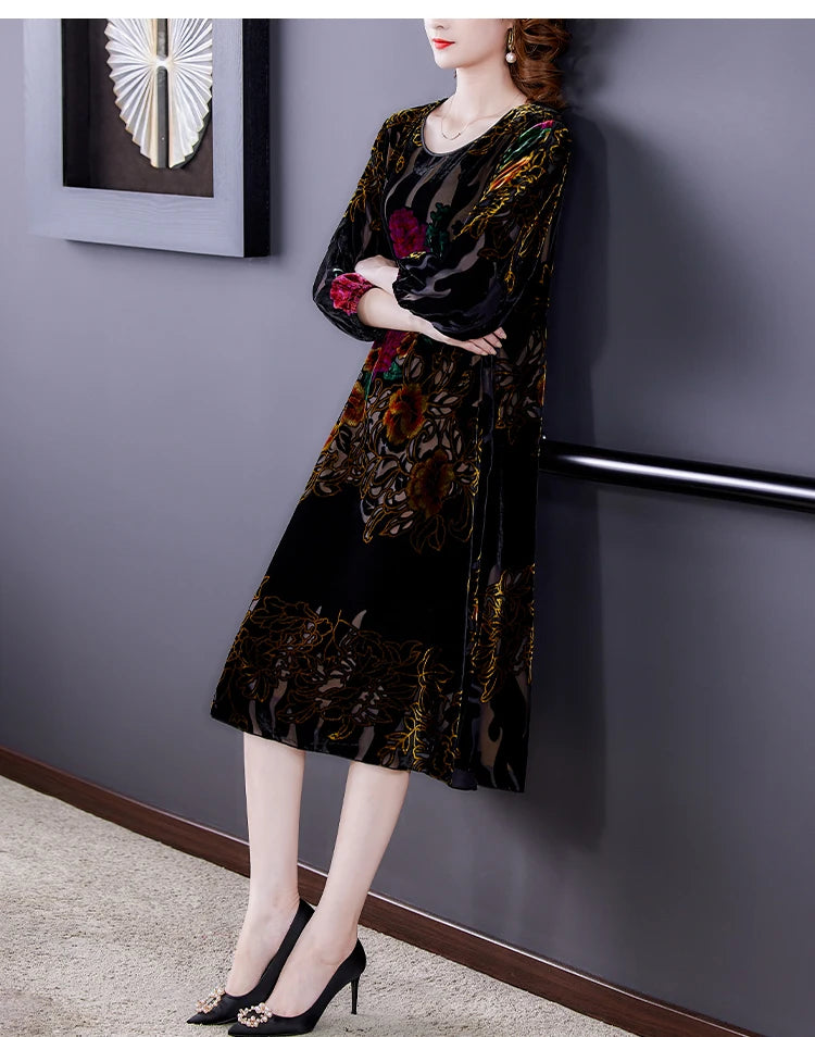 Floral Velvet Elegant Midi Dress Autumn Winter Korean Vintage